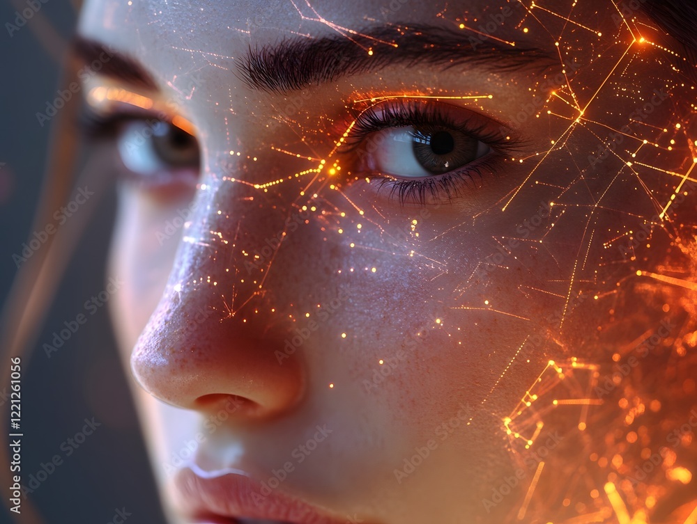 Poster close-up portrait of a young woman surrounded by futuristic data visualization with glowing connecti