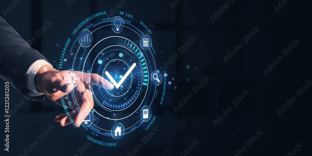 Poster businessman's hand interacting with futuristic digital interface with checkmark icon.