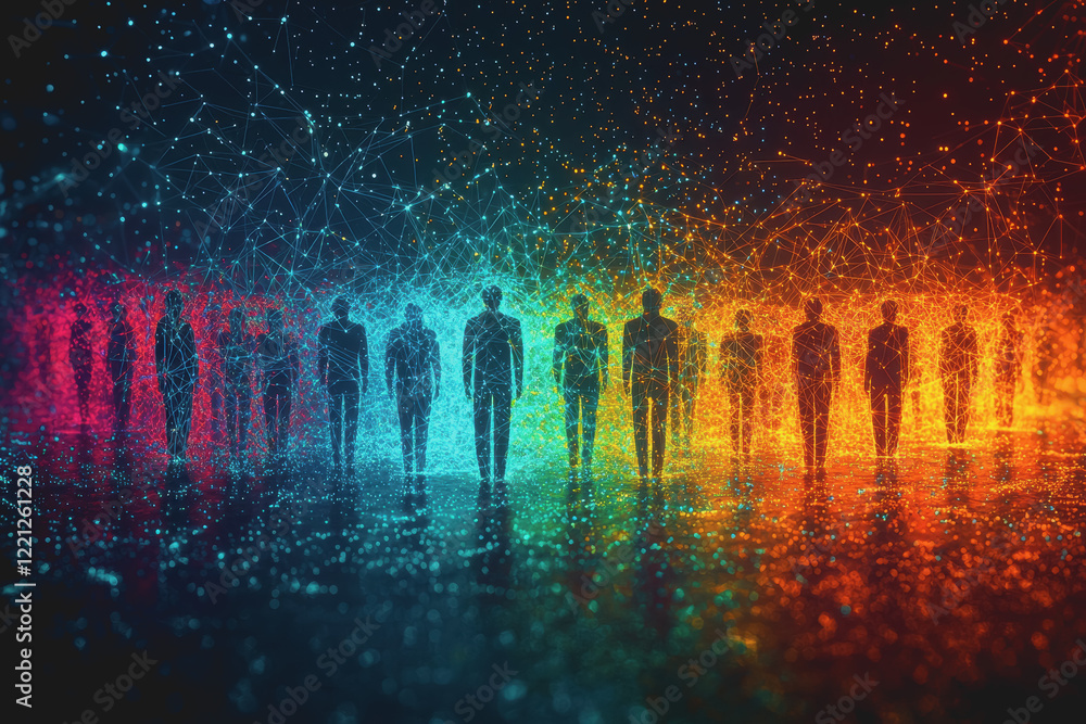 Poster silhouettes of people standing in front of a vibrant colorful background creating a striking visual 