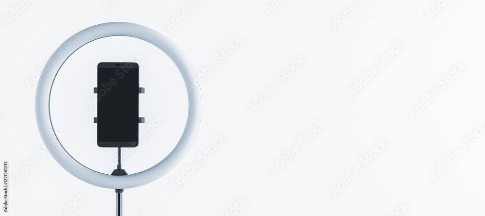 Poster Smartphone mounted on a tripod stand inside a circular LED ring light on a white background. Concept of content creation and technology. 3D Rendering