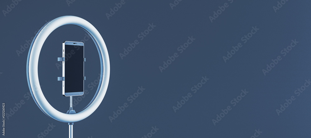 Poster smartphone in a ring light on blue background. 3d rendering