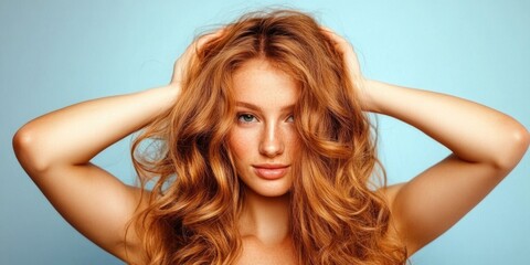 Fototapeta premium Young caucasian female with curly red hair posing against blue background