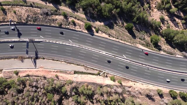Aerial view of highway amidst mountain range in Puerto de la Cadena, Murcia, Spain
