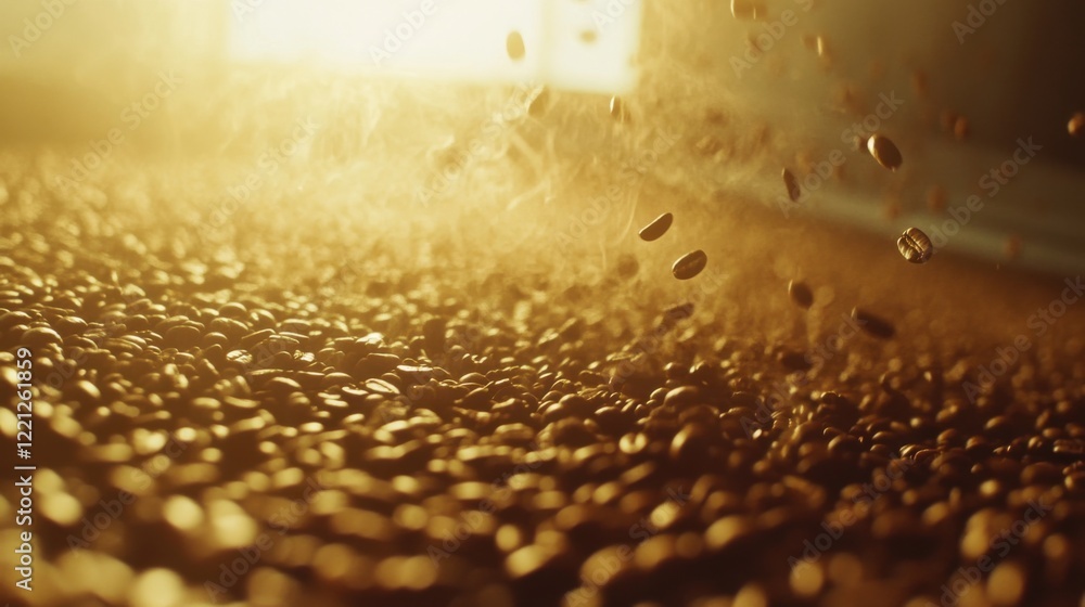 Poster close-up of coffee beans scattering in warm light, creating a cozy atmosphere in a caf? setting