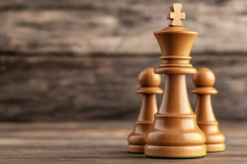 Wooden chess pieces arranged elegantly on a rustic table for strategic gameplay