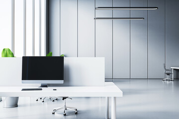 Modern office interior with clean white furniture and sleek design. 3D Rendering