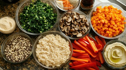 Fototapeta premium Colorful and nutrient-dense meals in the bowl each with mushroom, quinoa, and an assortment of vibrant vegetables, offering a perfect mix of protein, fiber, and essential vitamins.