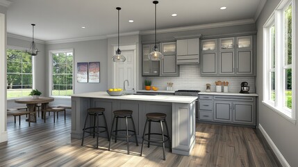 Gray kitchen corner featuring a bar area, sleek and modern with a minimalist design. The space emphasizes contemporary aesthetics and functionality.