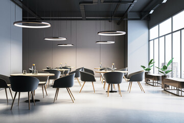 Modern cafeteria interior with round tables and chairs in a contemporary design illuminated by stylish lighting, with city view. 3D Rendering