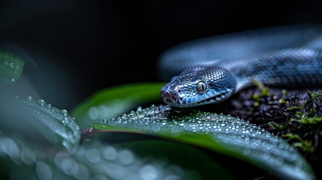 Green Tree Python in Rainforest: A striking green tree python coiled on a mossy branch, blending perfectly into its surroundings. Reptile. Wildlife. Snakes.