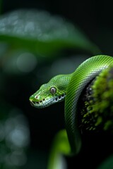 Obraz premium Green Tree Python in Rainforest: A striking green tree python coiled on a mossy branch, blending perfectly into its surroundings. Reptile. Wildlife. Snakes.