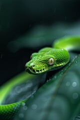 Fototapeta premium Green Tree Python in Rainforest: A striking green tree python coiled on a mossy branch, blending perfectly into its surroundings. Reptile. Wildlife. Snakes.