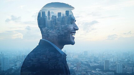 Multiple exposure of a dark-skinned male laughing, with his joyful expression blending into a vibrant cityscape background, creating an energetic and dynamic visual effect