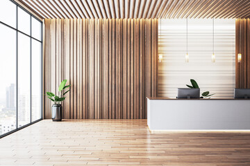 Stylish modern office reception with wooden paneling and white desk. 3D Rendering