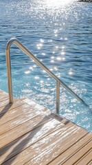 A contemporary swimming pool features sparkling water and elegant steps, nestled by the waterfront on a bright and sunny day