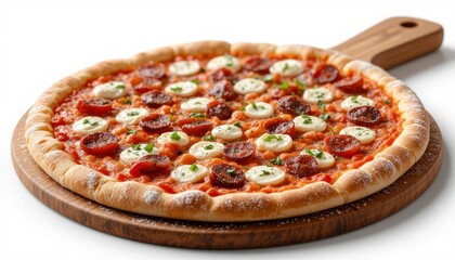 A delicious, baked pepperoni pizza with melted mozzarella cheese, fresh tomato sauce, and crispy crust