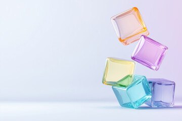 Colorful glass cubes falling against a soft pastel background in a playful arrangement