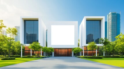 Modern Building with Blank Billboard - Contemporary architecture, blank billboard, green space, city skyline. Ideal for advertising or real estate.