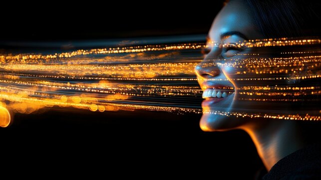 Joyful laughter of a dark-skinned male captured in multiple exposure, blending his smiling face with light trails and creative, flowing visuals that amplify the happiness