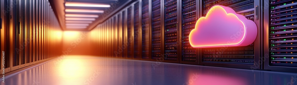 Poster a futuristic data center with glowing cloud graphics, symbolizing cloud computing and digital storag