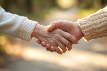 Elderly Woman's Hand Holding a Young Adult's Hands, Symbolizing Care and Support for Seniors in a High-Resolution Close-Up Image