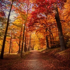 Fototapeta premium Generated image A forest with golden and orange leaves, sunlight filtering through the trees, and a soft mist
