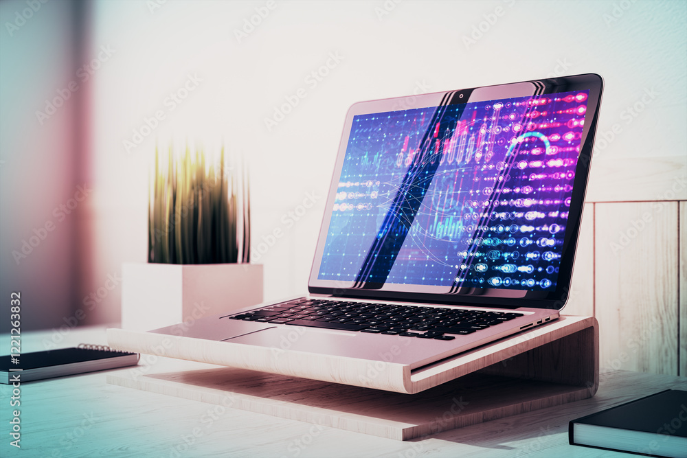 Poster Laptop displaying vibrant digital data visualization on desk. 3D Rendering