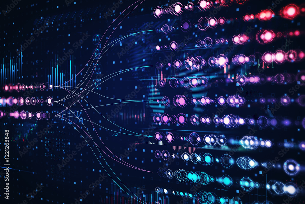Poster Abstract digital data network visualization with neon lights in blue and pink tones. 3D Rendering