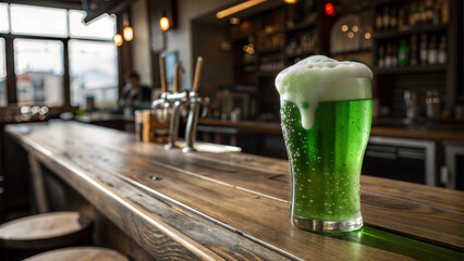 Glass of green beer with thick foam on rustic wooden table for Saint Patrick's Day