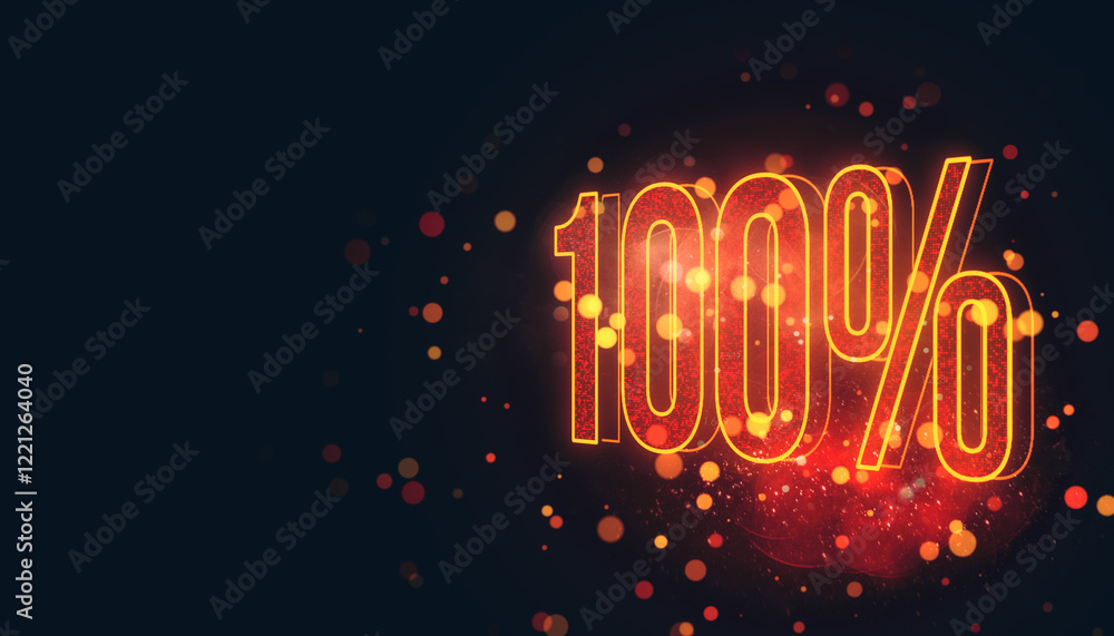 Aufkleber Glowing 100 percent Text with Red Bokeh Effect on Dark Background. 3D Rendering