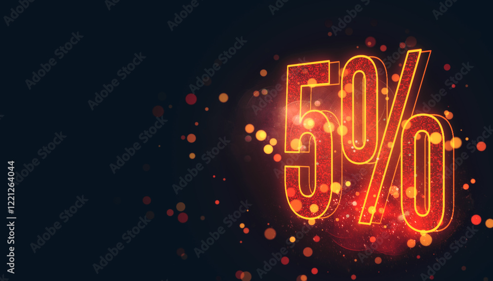 Poster neon glowing 5 percent discount sign with bokeh light effects on dark background. 3d rendering