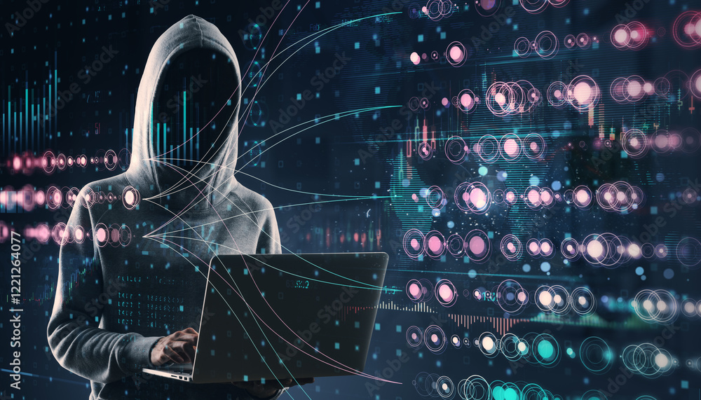 Poster Hacker in a hoodie using a laptop, surrounded by digital abstract data visualizations and cyber elements in a dark futuristic space.