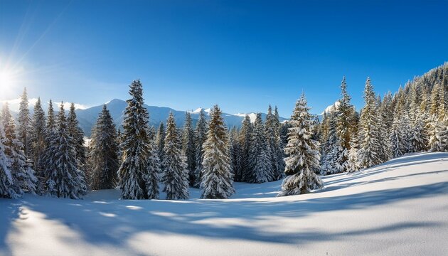 snowy pine forest with sunlight trees and distant mountains under a vibrant blue sky on a serene winter day - Powered by Adobe