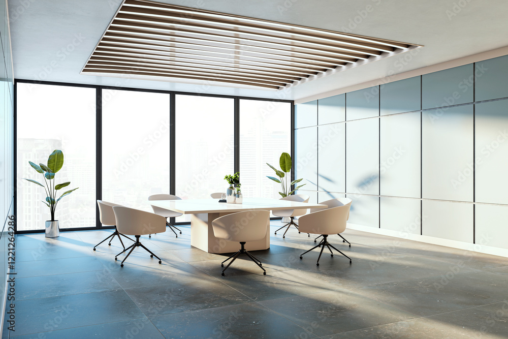 Poster modern conference room with city view and minimalist design. 3d rendering