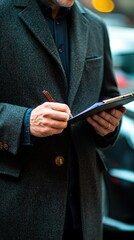 Person in a stylish coat writing notes on a notepad while standing outdoors in a bustling city environment