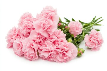 Soft pink carnations arranged elegantly on a white background showcasing their delicate petals and vibrant hue