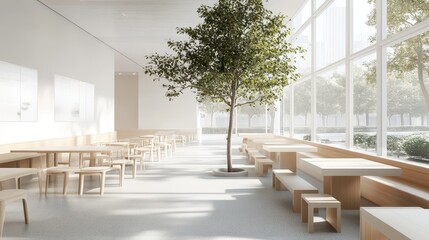 Light and airy eating room featuring a table with seats, a stand, and a mockup frame. The space is designed to be inviting and functional, ideal for dining and gatherings.