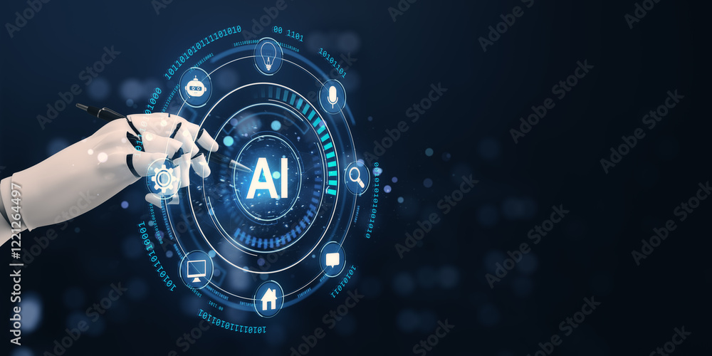 Aufkleber Futuristic robotic hand interacting with virtual AI interface on digital background. 3D Rendering