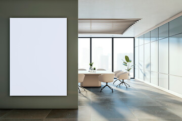 Modern conference room with blank vertical poster on wall and bright city view through large...