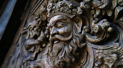 Intricately carved wooden sculpture of bearded man with crown