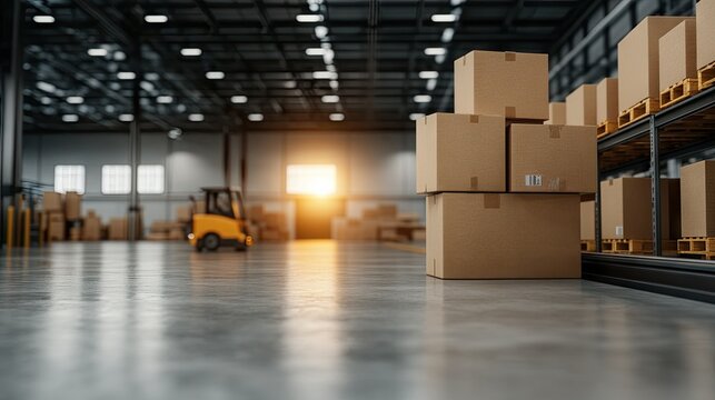As the sun sets on the horizon, the warehouse stands adorned with stacked cardboard boxes, while a forklift readies itself for evening operations