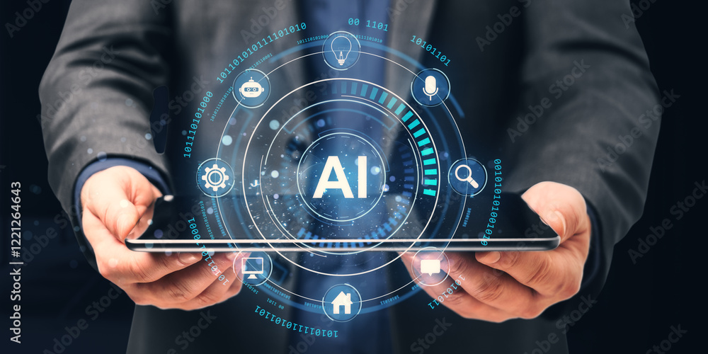 Poster ai technology concept with futuristic interface held by hands in suit on dark background.