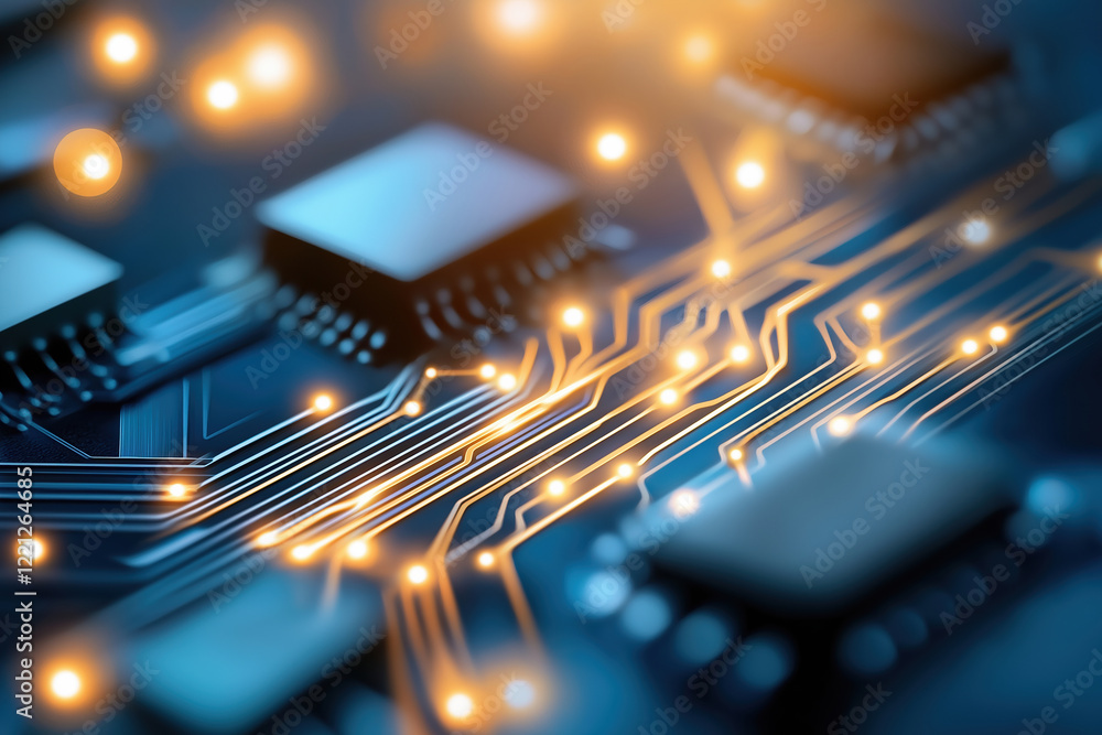 Poster close-up view of intricate circuitry with glowing lights in a modern technology setting