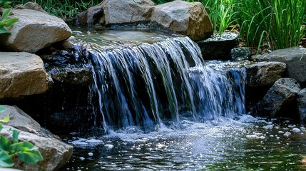 Obraz premium A serene waterfall cascading down rocks, with soft, warm light illuminating the droplets as they fall, creating a misty atmosphere and deep shadows around the water.