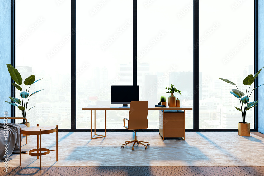 Poster modern workspace with desk and chair in sunny office room. 3d rendering