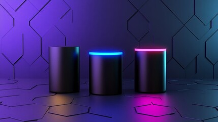 Neon Glow Cylinders on Geometric Floor - Three black cylinders with neon blue and pink tops sit on a dark geometric floor. Futuristic and modern design.