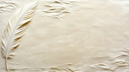 Textured cream surface with a prominent feather design on the left side, showcasing meticulous...