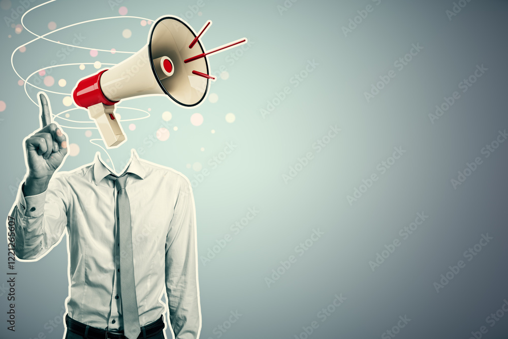 Poster Creative businessman with megaphone head pointing up, abstract concept on soft gradient background.