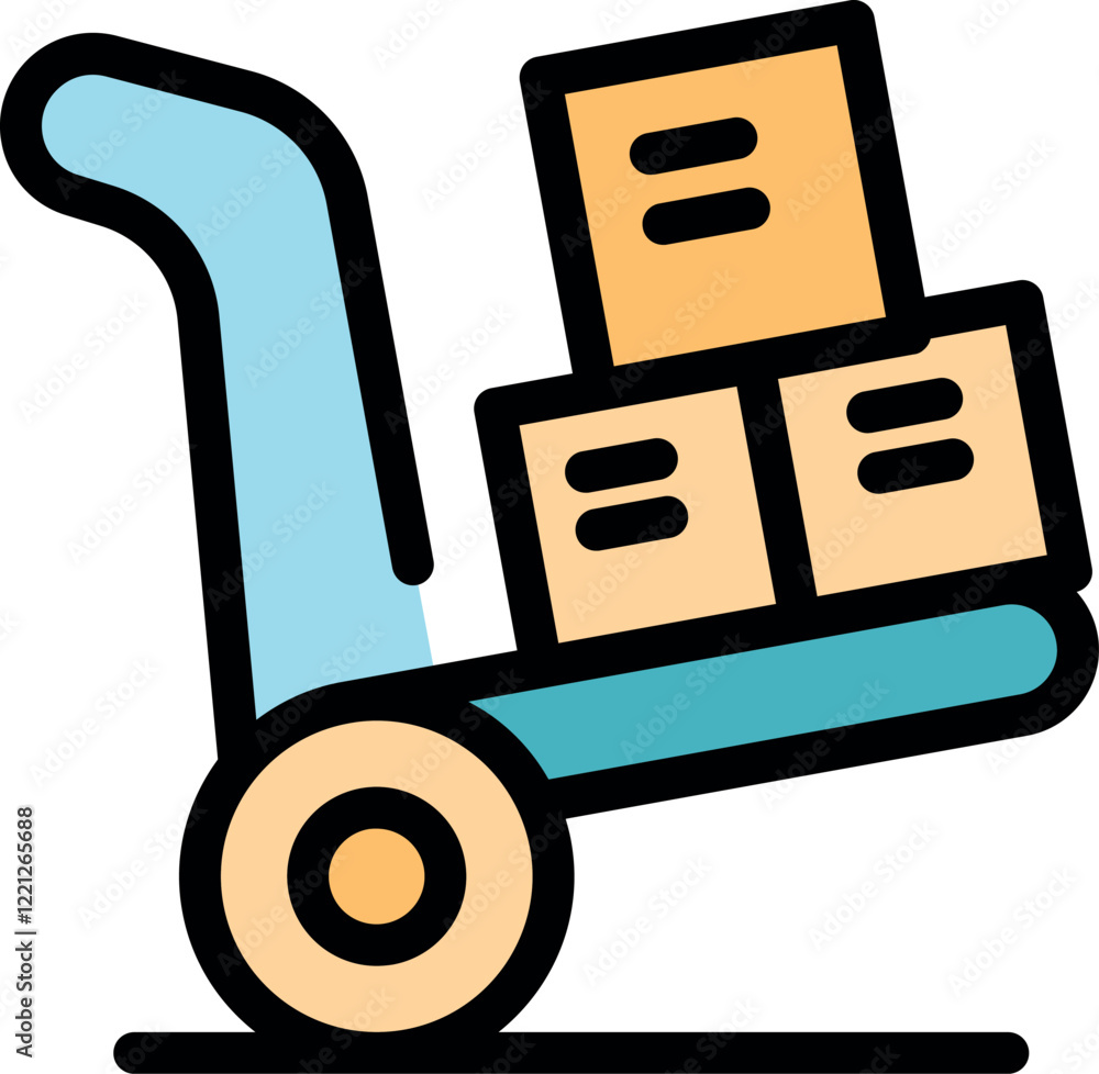 Poster warehouse worker transporting cardboard boxes using a hand truck, ensuring efficient delivery and lo