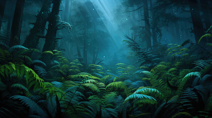 Fototapeta premium Enchanted Forest at Night: Lush Flora and Mystical Ambiance